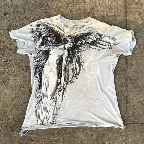 2000S Affliction Graphic T-Shirt Mens Large Grunge Wings New Fashion Style Couple Tops Pure Cotton Shirt